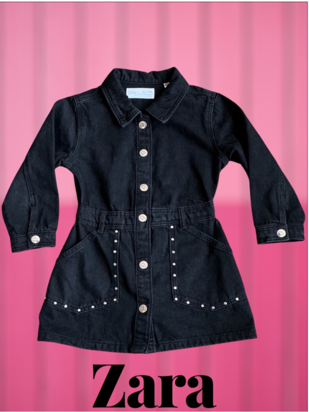 Zara -Sz 4-Black Girls Denim Distressed Jacket Dress- Silver Studs-Button Front